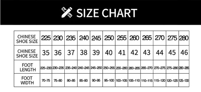 Men's Safety Work Shoes Size Chart